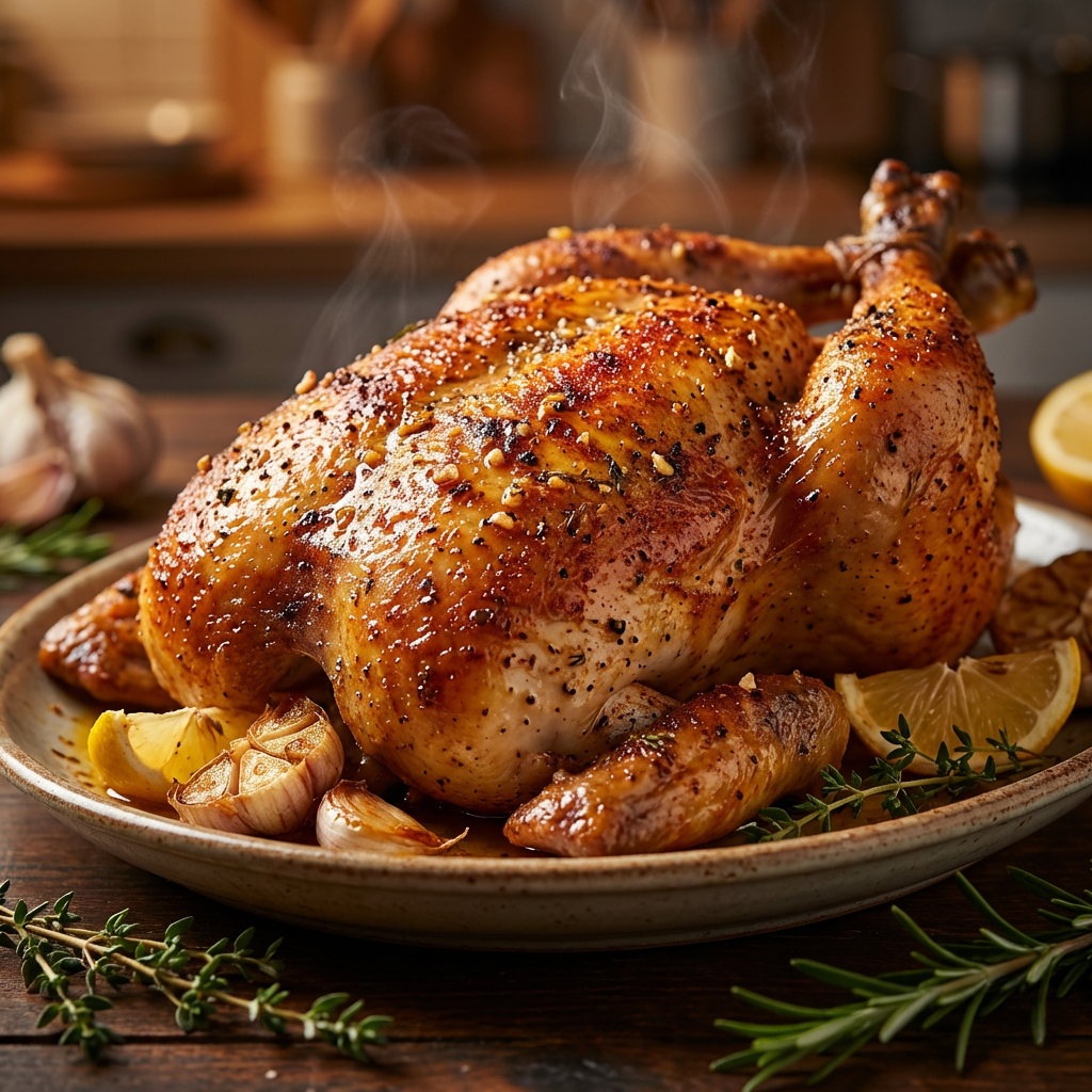 Seasoned roast chicken ready to carve