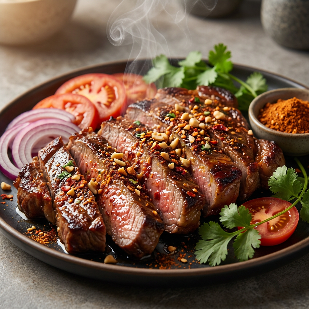 Seasoned steak cooked steakhouse style