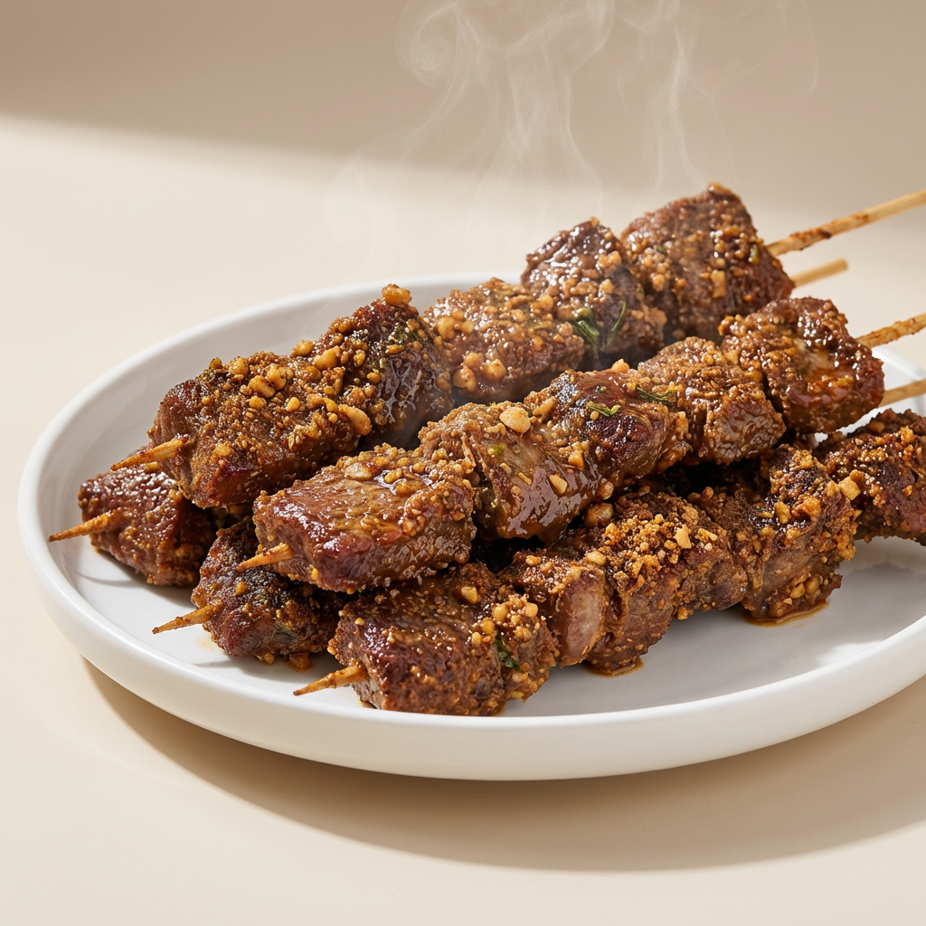 Smoky peanut suya beef skewers