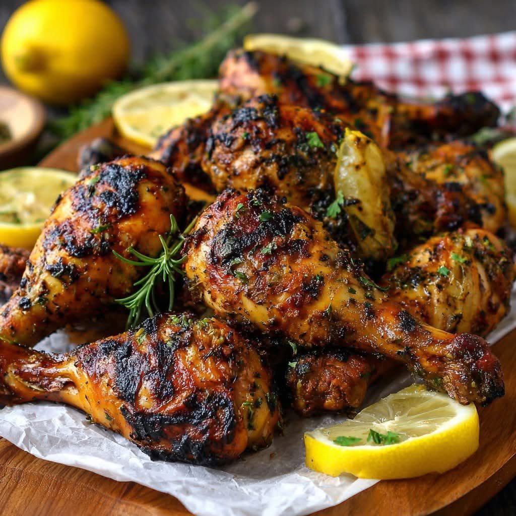 Peri peri chicken thighs grilled and glazed, served with charred lemon wedges