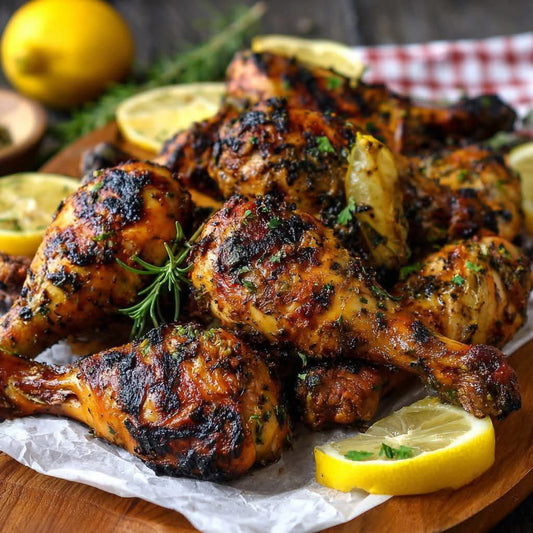 Peri peri chicken thighs grilled and glazed, served with charred lemon wedges