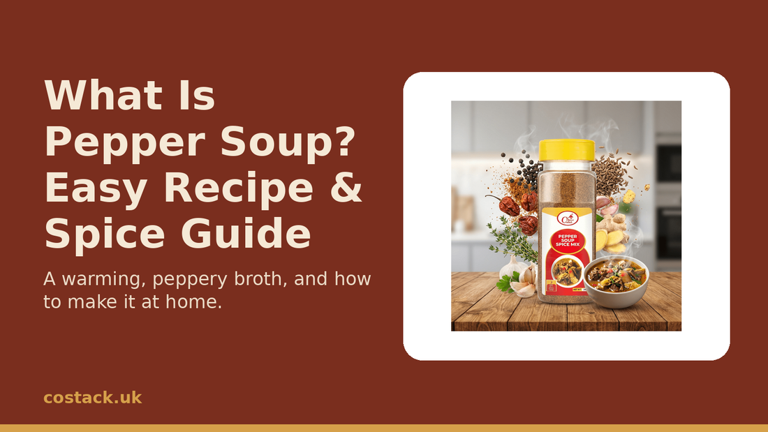 Bowl of pepper soup made with Costack Aromatic Hot Broth Spice