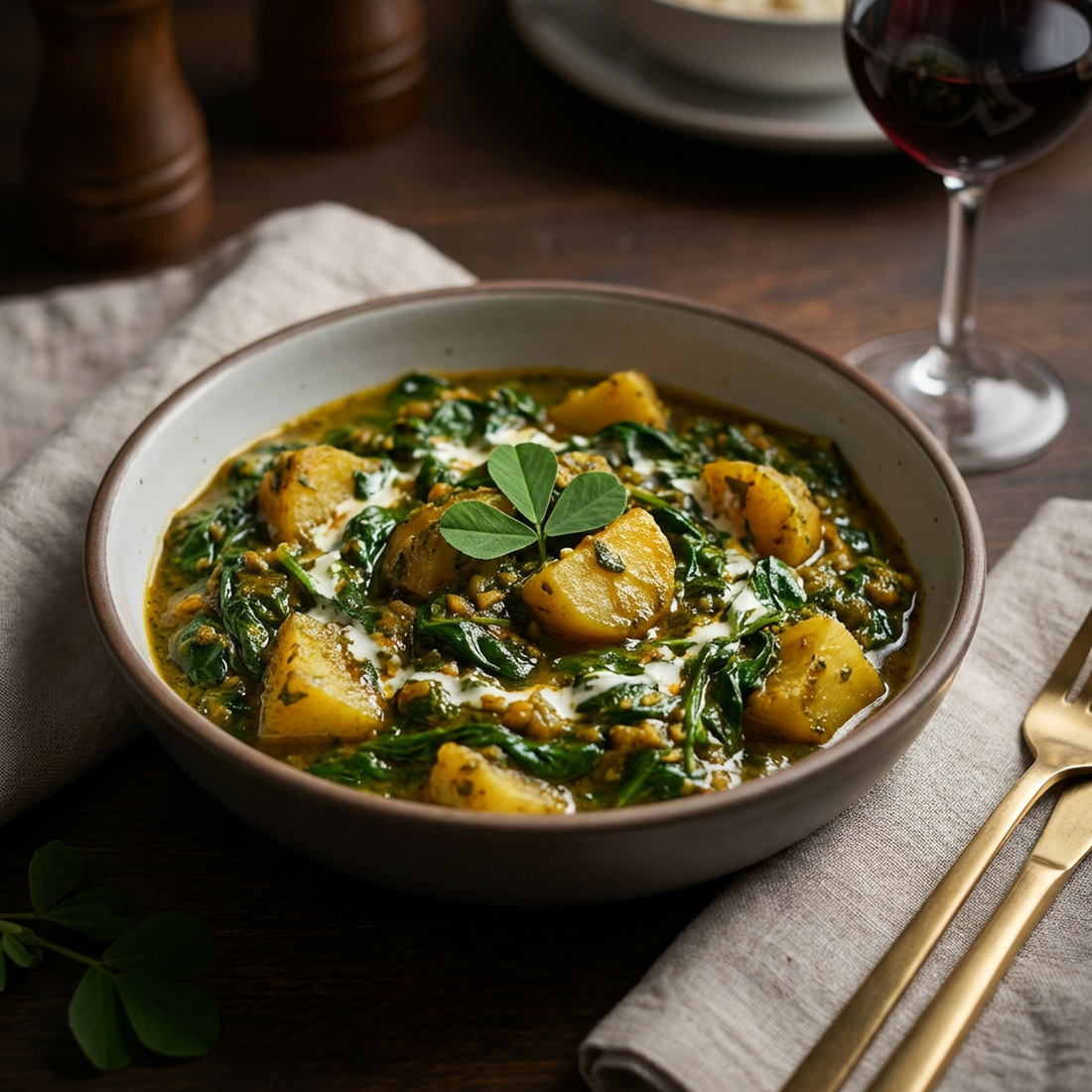 Spiced spinach and potatoes seasoned with Costack Vegetable Seasoning served as a main course
