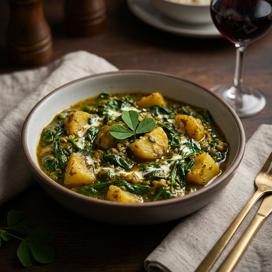 Spiced spinach and potatoes seasoned with Costack Vegetable Seasoning served as a main course