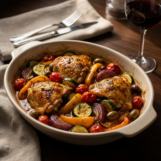 One-tray chicken and vegetable bake seasoned with herbs and spices, a low-salt dinner with big flavour