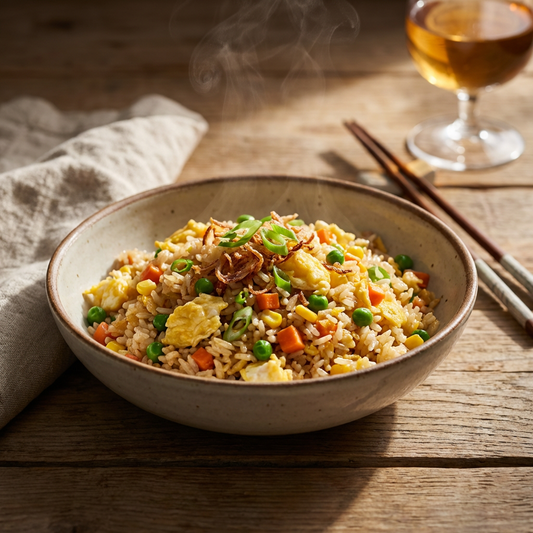 Bowl of egg fried rice with peas and vegetables, a cheap one-pan student dinner seasoned with one blend