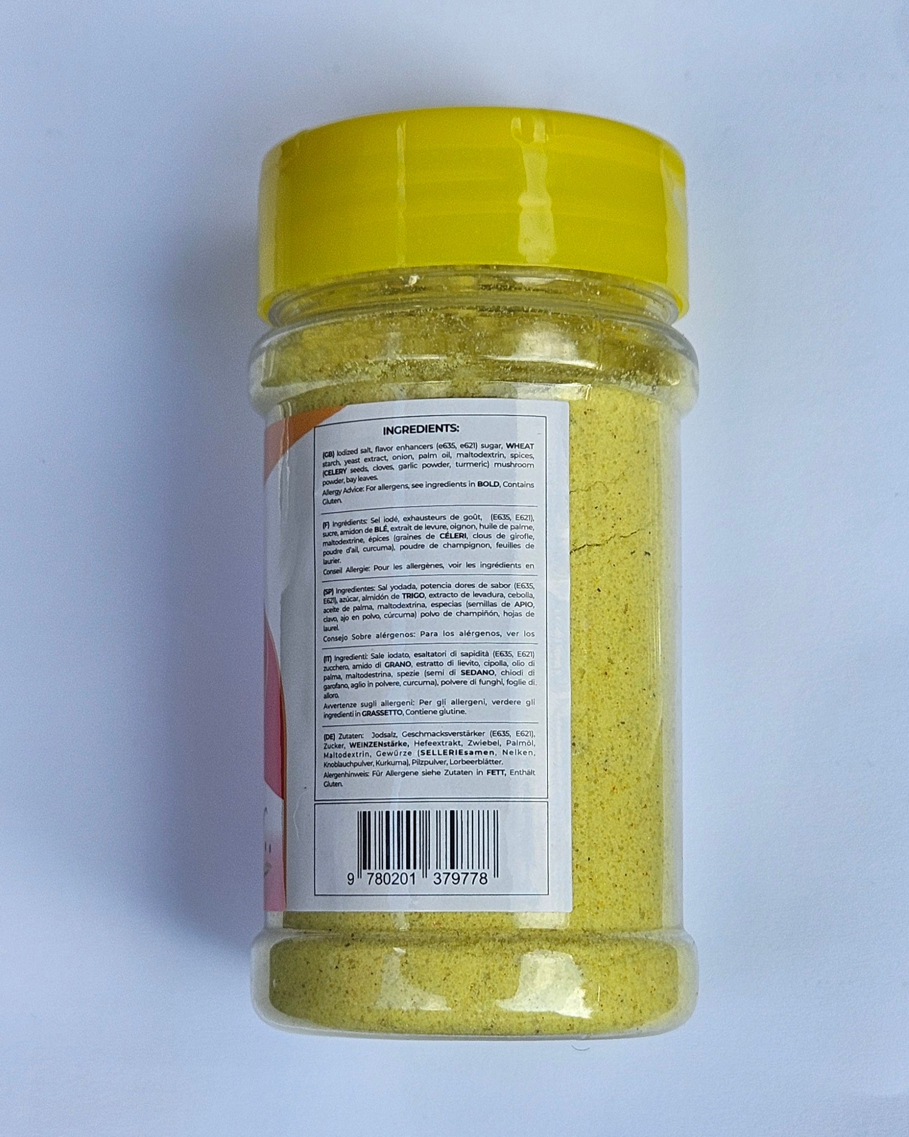 Costack Complete Seasoning back label with full ingredients and allergy advice: contains celery and gluten (wheat)